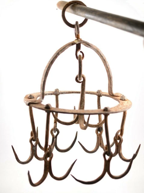 Vtg 19th Antique Ring Hand Forged Wrought Iron Farm Hooks / 6 x 2 & 1 x 4 Hooks