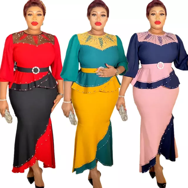 Elegant Women Evening Top Long Skirt Two Piece Set Plus Size African Outfit Gown