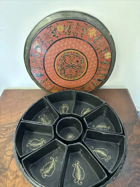 Antique Oriental Chinese Lacquer Round Wood  Nut Box? Wedding Box