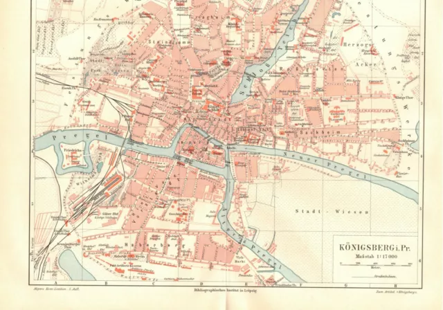 Königsberg, Ostpreußen, historischer Stadtplan, Lithographie um 1900 (K109)