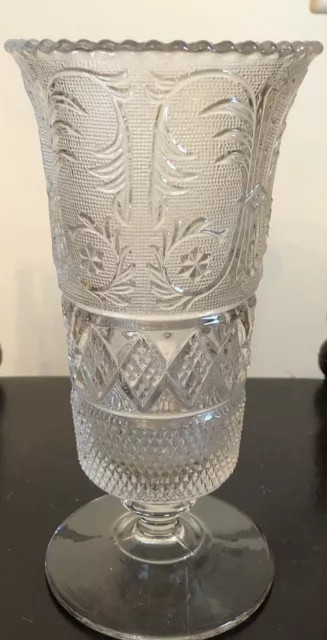 Vintage EAPG DUNCAN MILLER SANDWICH GLASS WHEAT BEADED 9” Vase Scalloped Edge