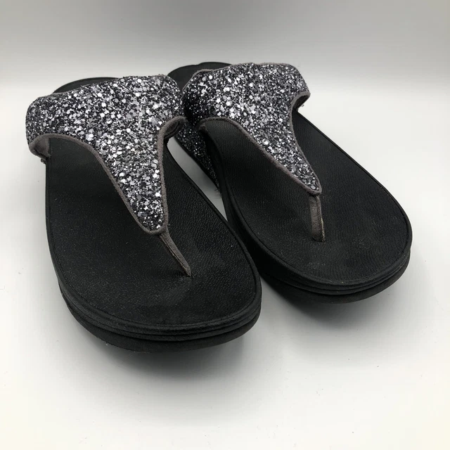FitFlop Women's Lulu Superglitz Silver Comfort Thong Sandal Size 10