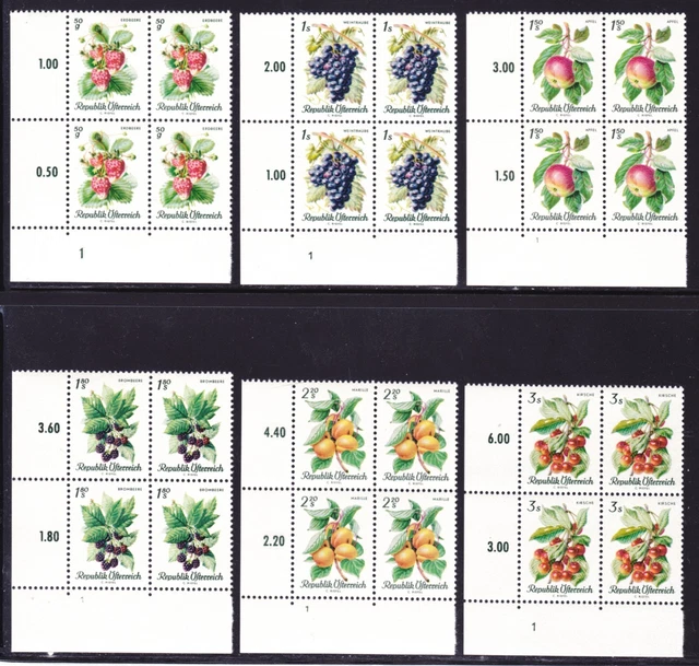 Ö.1966 Obstserie ANK.Nr.1253-58 mit Symbolzahl 1 im Viererblock postfrisch**
