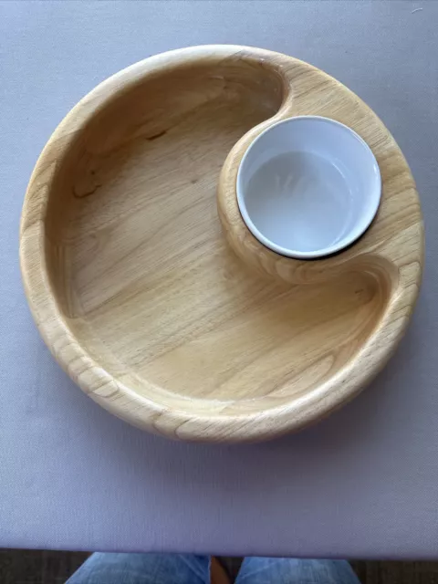 Crate & Barrel Wooden Chip and Porcelain Dip Bowl