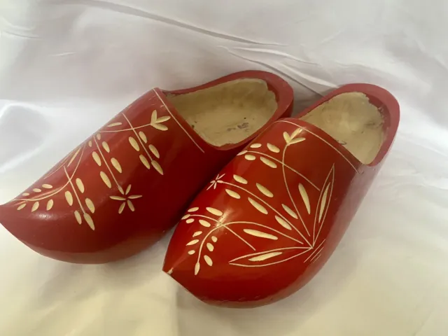 Vintage Dutch Red Wooden Hand-Carved Clogs | Size 37-38, US Women’s 7, 24 cm