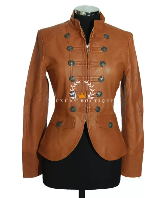 Scarlett Tan Ladies Military Designer Real Waxed Lambskin Leather Fashion Jacket