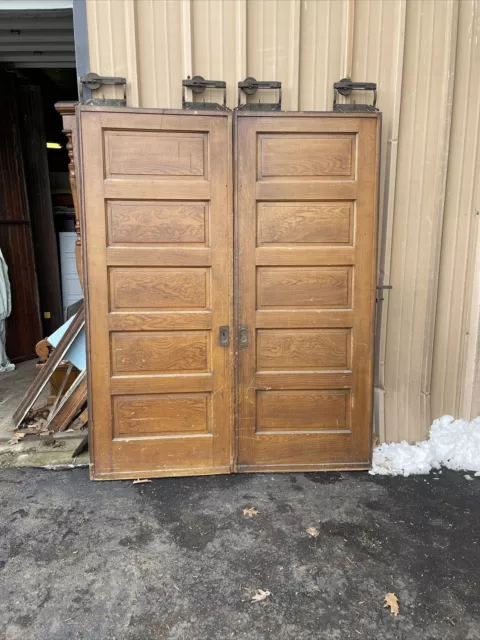 CM754 Pair Antique Raise Panel Pine Pocket Doors 68 X 84.5 X 1 7/8