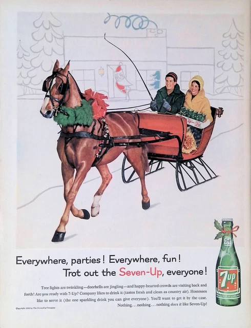 Print Ad 1960's 7-Up Christmas Horse Drawn Sleigh Parties Man Woman Yellow Stole