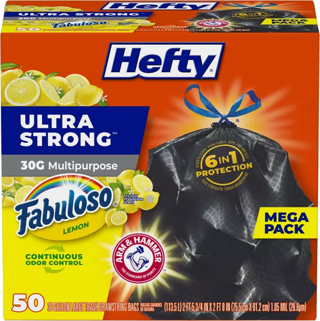 Hefty Ultra Strong Multipurpose Large Trash Bags Lemon Scent, 30 Gallon, 50Ct