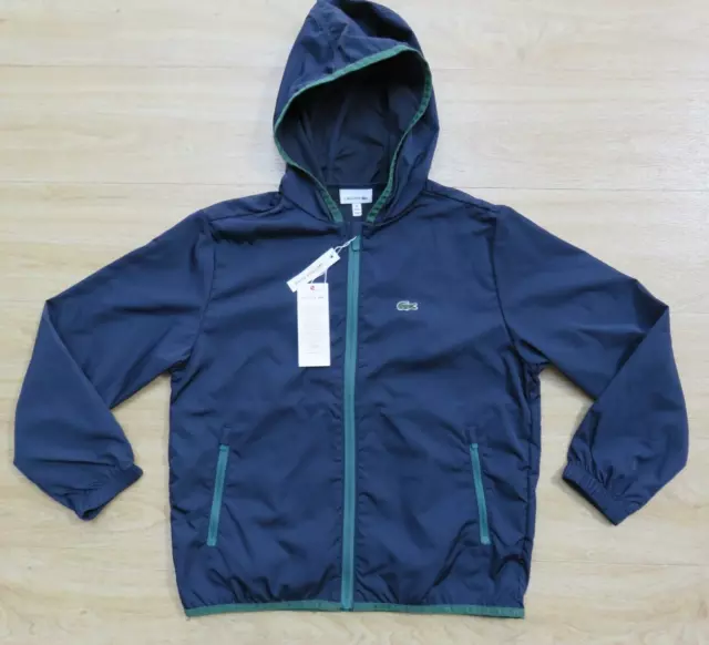 NEW boys Lacoste navy blue & green lightweight jacket Age 9 - 10 years hood