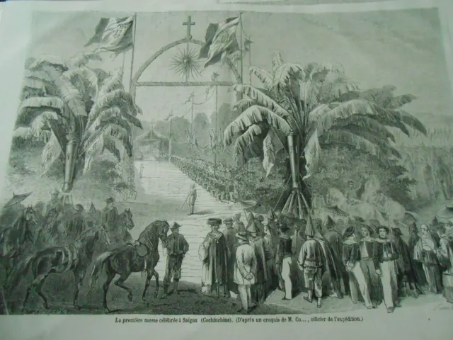 Gravure 1861 - La première messe célébré à Saïgon Cochinchine