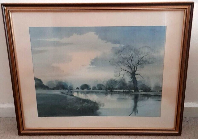 Landscape Framed Print Unusual Blue River Scene R Bolton Glazed 54.5cmx44cm