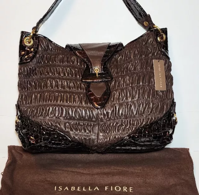 Isabella Fiore Slylar Y2K Hobo Brown Rouched & Mock Croco Patent Leather Nwt$725