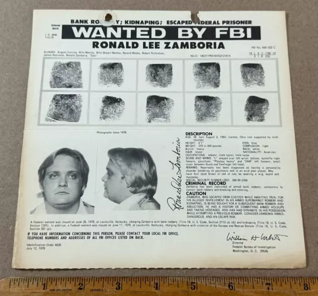 VTG 1979 WANTED BY FBI mini poster Ronald Lee Zamboria - escape - bank ...