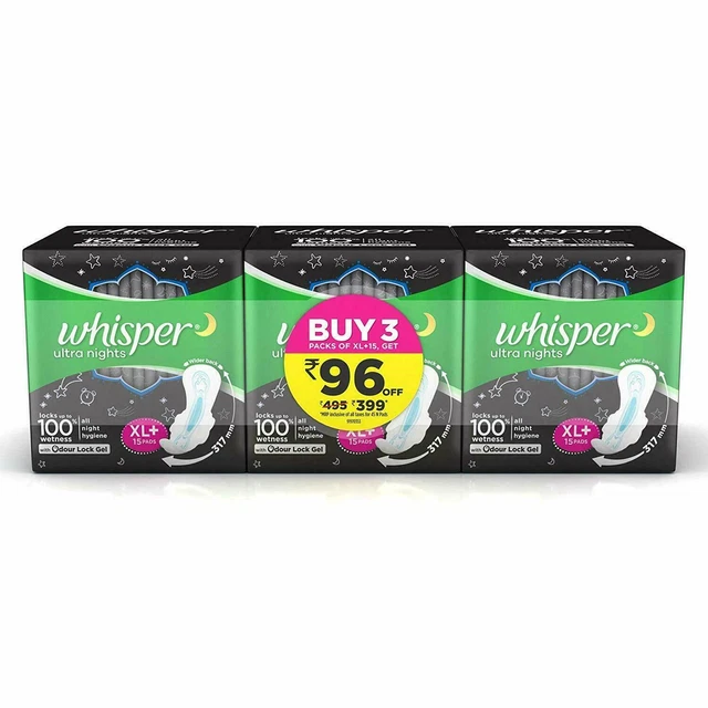 WHISPER ULTRA NIGHT Sanitary Pads for Women, XL+ 15 (Pack Of 3) Napkins ...