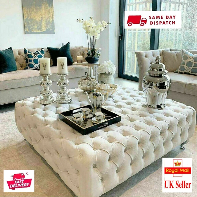 Bespoke Chesterfield Velvet Footstool – Soft Plush, Rectangle – Custom Color & Size, UK Made, 34cm Tall, Fully Assembled