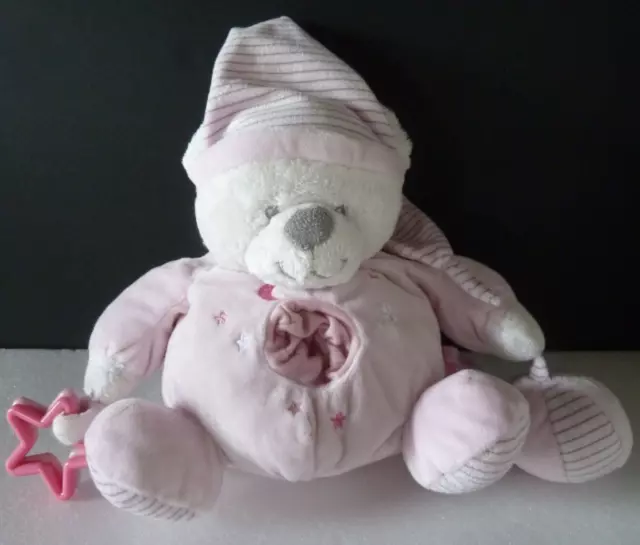 G7. Doudou peluche MAX ET SAX OURS ROSE GRIS BLANC ETOILE 22cm sans boule à bill