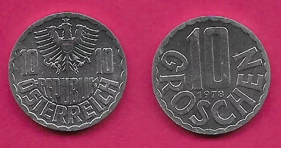 Austria 10 Groschen 1978 Unc Small Imperial Eagle With Austrian Shield On Br