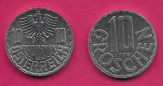 Austria 10 Groschen 1978 Unc Small Imperial Eagle With Austrian Shield On Br