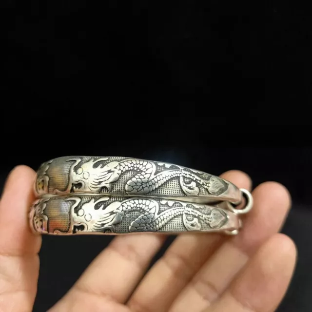 A Pair Old Chinese tibet silver Handcarved Dragon & Phoenix Bracelets 6914