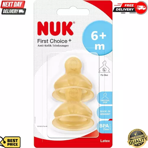NUK First Choice+ Baby Bottle Teat 6-18 Months Latex with Large Feed Hole