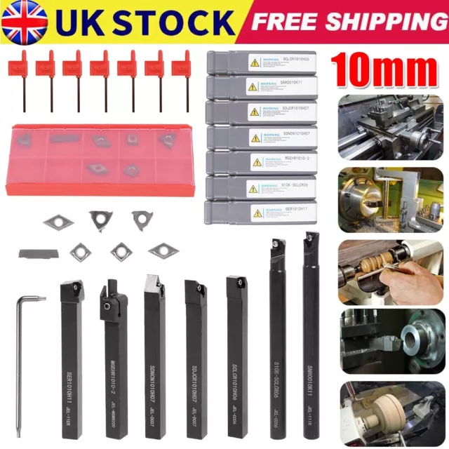 7Pcs 10mm Shank Lathe Turning Tool Holder Boring Bar with Carbide Inserts Wrench
