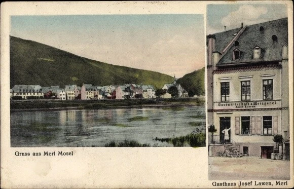 Ak Merl Zell an der Mosel, Gesamtansicht, Gasthaus und Metzgerei - 10559869
