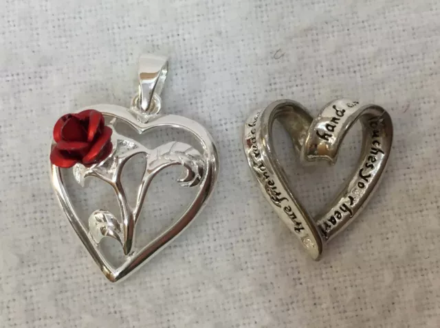 Heart Pendants Charms Sterling Silver Lot 2 Red Rose True Friend Touches Hand