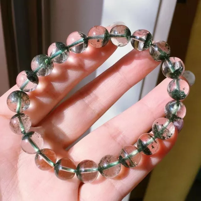 9.8mm Natural Clear Quartz Green Phantom Crystal Gemstone Round Beads  Bracelet