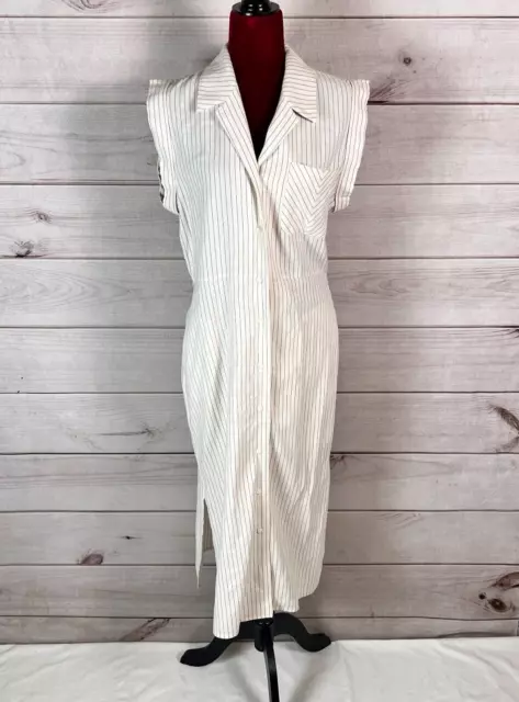 Rag & Bone Womens Shirt Dress Sz 8 Ivory Midi Pinstriped Sleeveless Linen Cotton