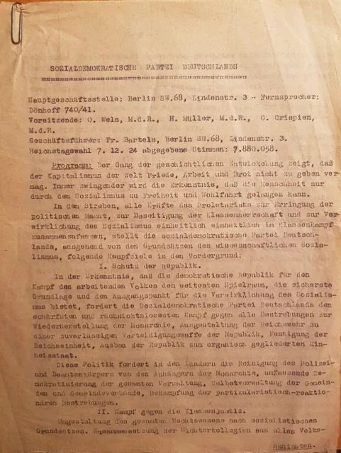 Programm der SPD nach der Reichtagswahl 1924. Ori Sozialdemokratische Partei De