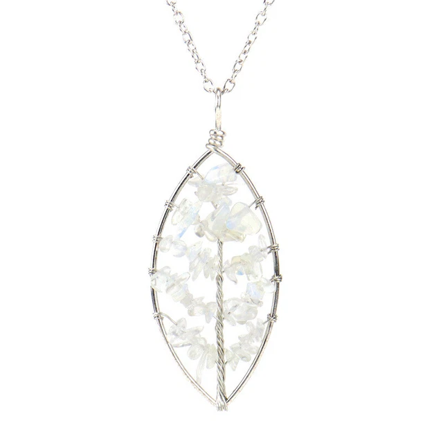 Natural Opalite Crystal Tree of Life Leaf Pendant Necklace Healing Reiki Amulet