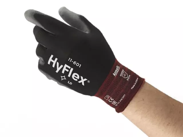 Ansell Hyflex 11-601 PU Palm Coated Precision Nylon Work Gloves Black | Grey