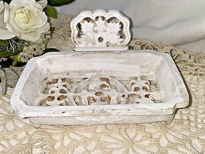 shabby white cast iron metal soap dish business card holder farmhouse chic
