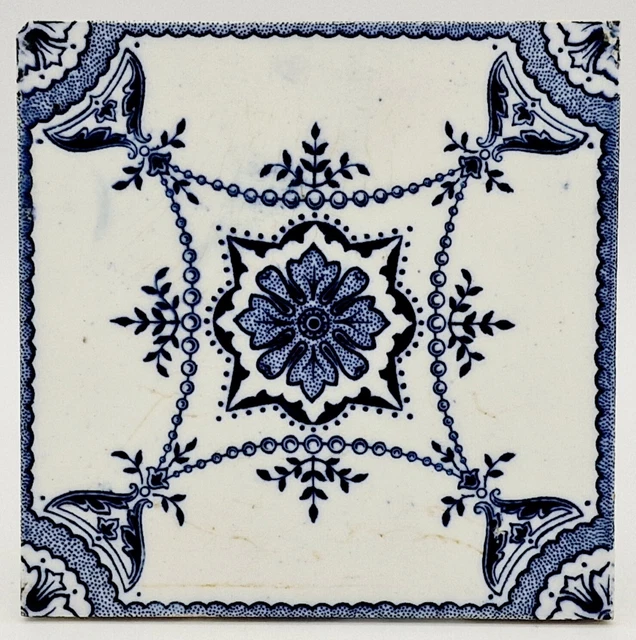 Antique Minton Hollins & Co Tile Aesthetic Movement Blue & White C1885 AE1