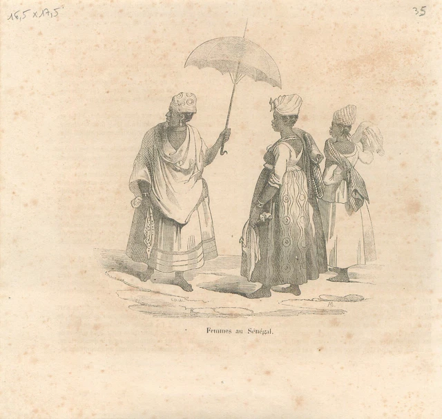 Femmes Wolofs au marché avec parapluie Sénégal Afrique GRAVURE 1841