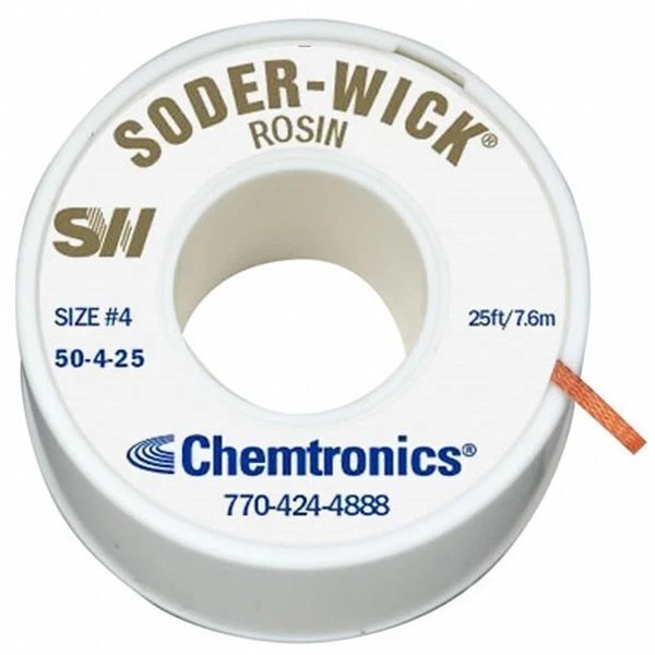 CHEMTRONICS Desoldering Wick, 25 ft., 4, Copper, Rosin 50-4-25