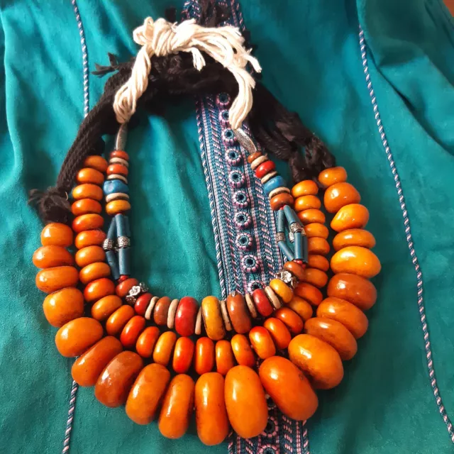 Three old Berber Necklace stone & Bead resin amber color, Ethnic Jewelry Morocco