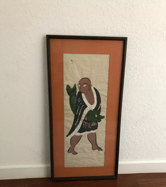 Vintage Otsu-e Woodblock Print Japanese Man With Fish Framed Mat Under Glass