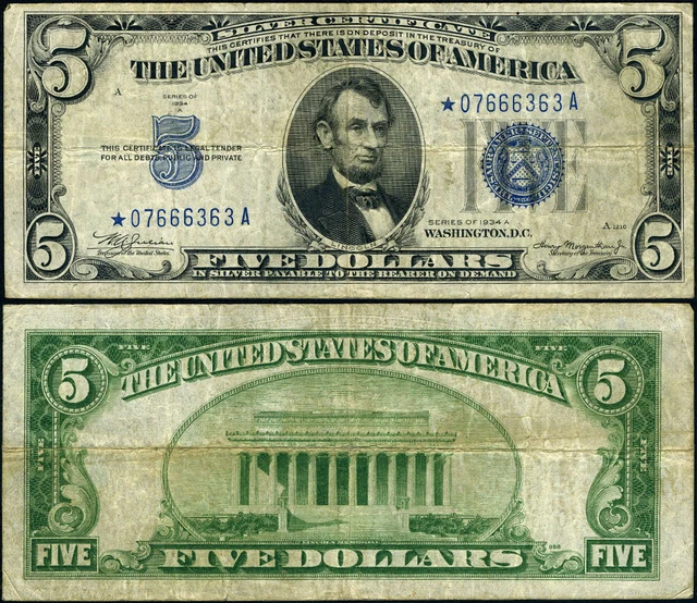 FR. 1651* $5 1934-A Silver Certificate *-A Block VF Star