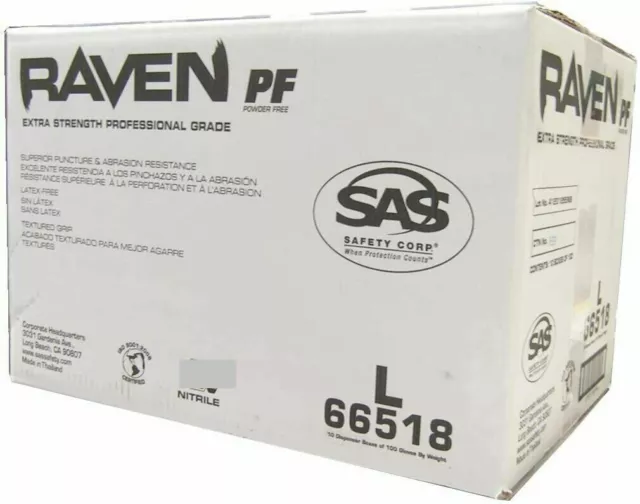 SAS 66518 Raven Powder-Free Black Nitrile Gloves LARGE ( 10 Boxes of 100 )