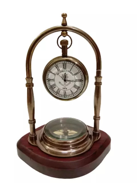 Maritim Messing Uhr Mit Kompass Ständer Aufhängbare Schreibtisch - Selten - Heim