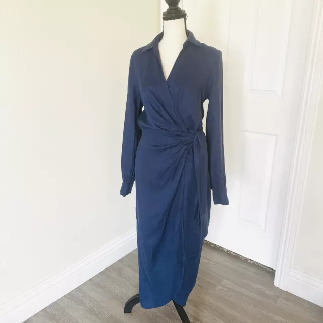 Magaschoni 100% Linen Wrap Midi Dress, Size 4 Blue MSRP $188 Boho Summer