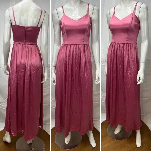 Vintage Strappy Pink Satin Pleated Long 60s 70s Princess Formal Gown Dress XS