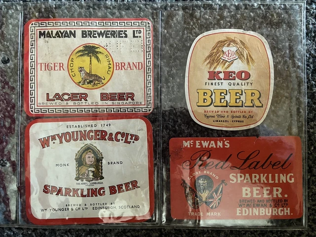VINTAGE BEER LABELS X4 MALAYAN KEO McEWAN’S W M YOUNGER VGC
