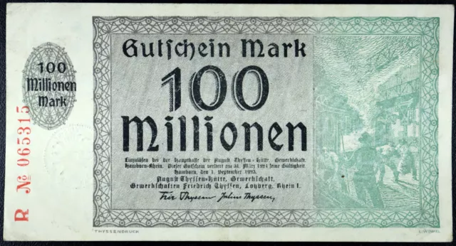 HAMBORN 1923 "August Thyssen-Hütte" 100 Million Mark Inflation Notgeld Germany