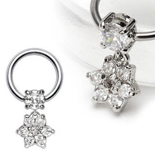 Steel Gemmed Captive Bead Ring w/Gem Paved Flower Dangle Tragus/Cartilage/Helix