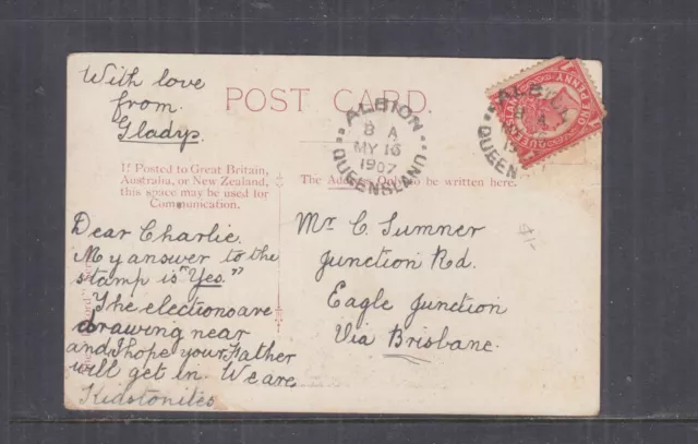 QUEENSLAND, 1907 ppc. BRISBANE, BOTANIC GARDENS, 1d. ALBION cds. to Eagle Junct.