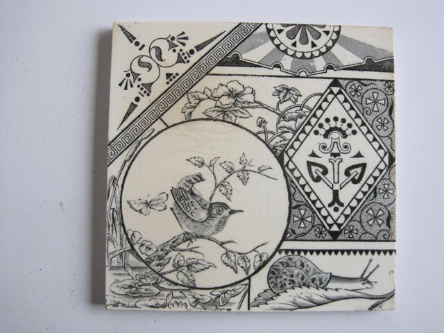 Antique Victorian 6" Wall Tile -Wren, Snail Etc - Decorative Art Tile Co C1878