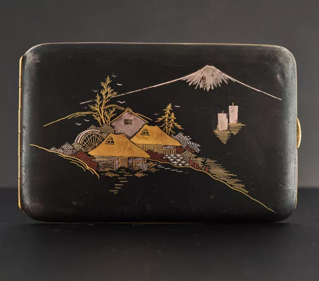 Damascene cigarette case with gold, silver and copper inlays, Komai-style, Japan